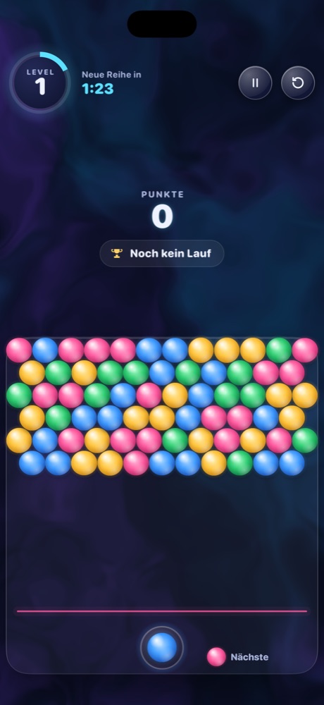 Spielfeld im Hochformat mit sechs Reihen bunter Kugeln, Level-Anzeige und Kanone