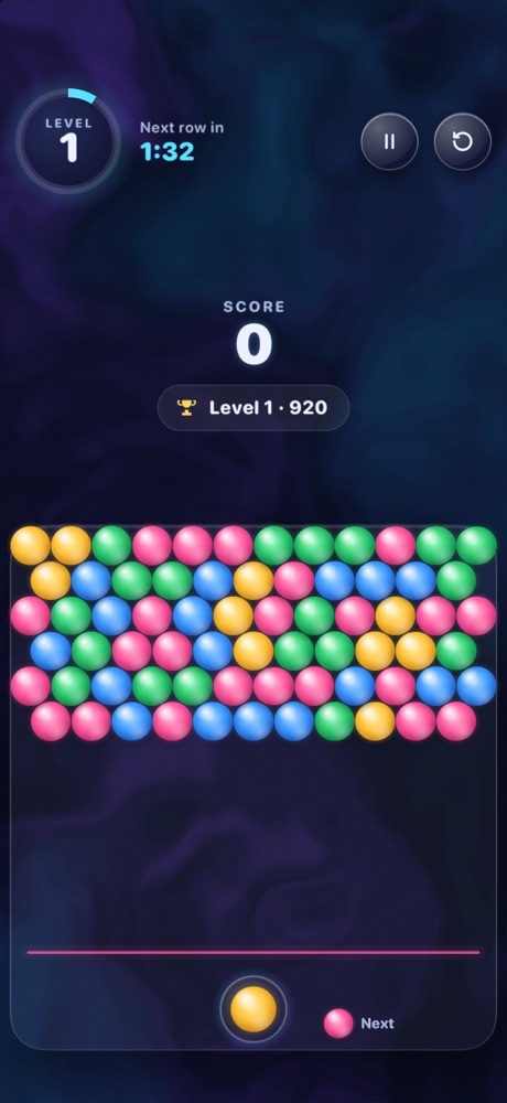 Game field in portrait with six rows of colorful bubbles, level ring and cannon